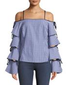 Cold-shoulder Ruffle-tiered Gingham Blouse