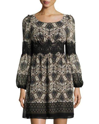 Paisley-print Lace-detail Dress, Black