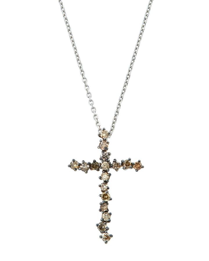 14k White Gold Diamond Starburst Cross Necklace, Champagne