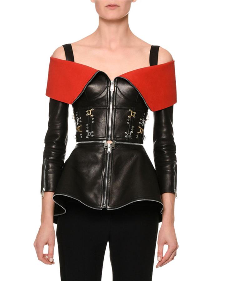 Zip-front Leather Cold-shoulder Jacket