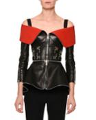 Zip-front Leather Cold-shoulder Jacket