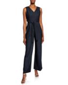 Belted V-neck Denim Jumpsuit