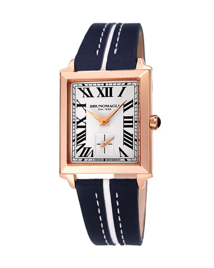 28mm Valentina Rectangular 14k Rose Gold Watch, Blue/white