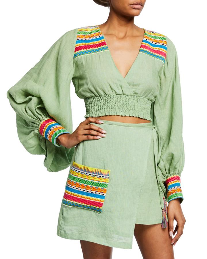 Cora Cropped Blouson-sleeve Top W/ Embroidery