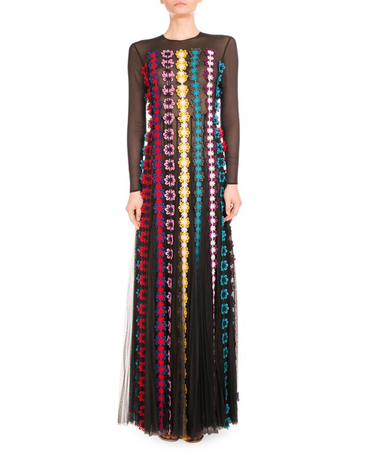 Daisy-applique Long-sleeve Gown, Black/multi