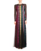 Daisy-applique Long-sleeve Gown, Black/multi