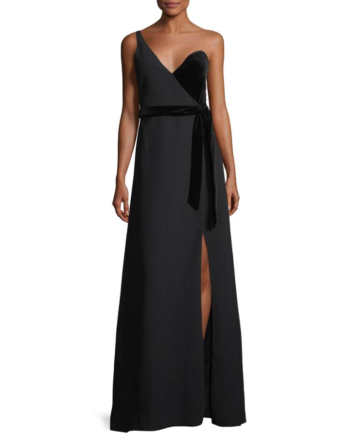 One-shoulder Wrap Crepe & Velvet Evening Gown