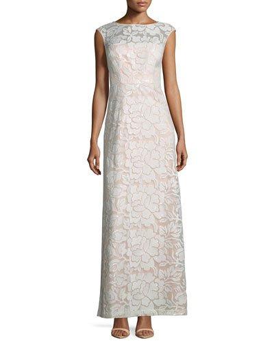 Floral-embroidered Sequined Gown, Blush