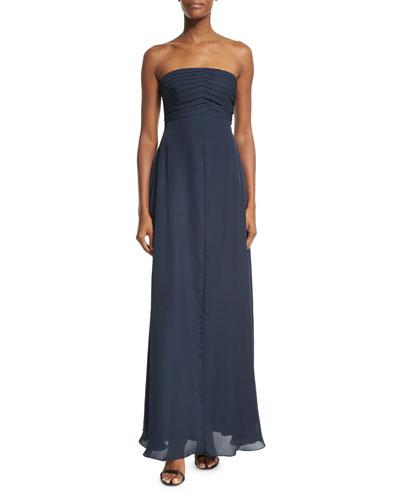 Strapless Pleated-bodice Gown, Astral Blue