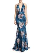 Floral Sequin Applique Halter Gown