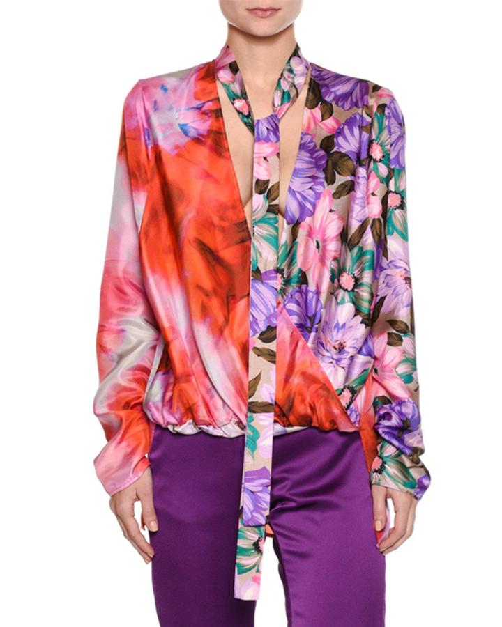 Long-sleeve Silk Satin Mixed-print Top