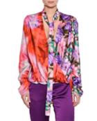 Long-sleeve Silk Satin Mixed-print Top