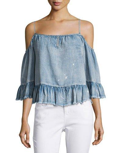 Verna Cold-shoulder Denim Top, Blue