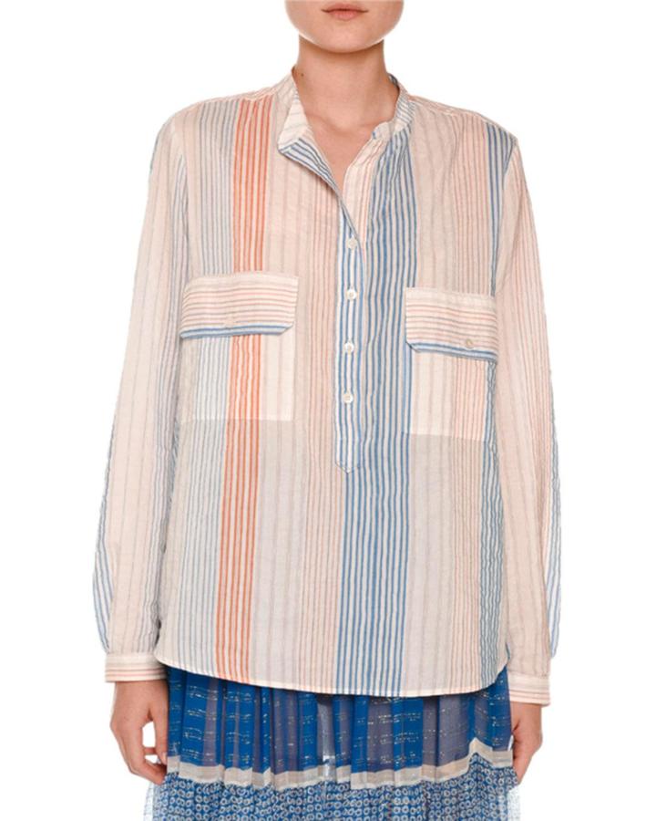 Striped Gauze Two-pocket Blouse