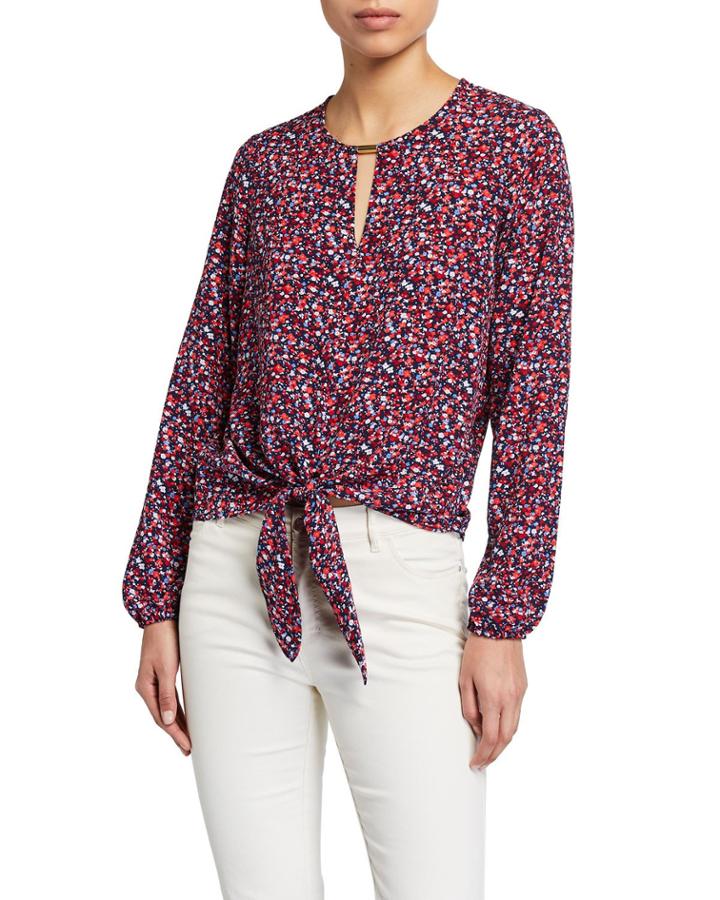 Bead Keyhole Front Tie Blouse