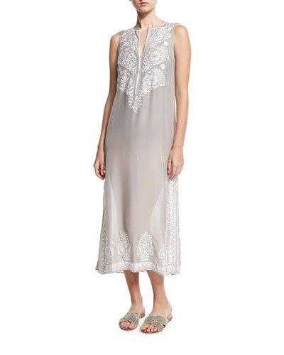 Floral Sleeveless Embroidered Silk Chiffon Long Caftan Coverup,