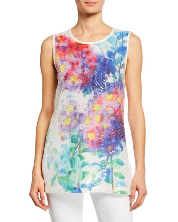 Petite Crinkle Glisten Watercolor Floral-print Tank With