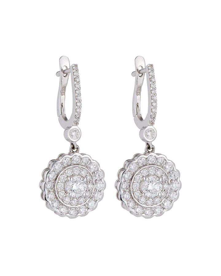 18k White Gold Diamond Flower Dangle Earrings