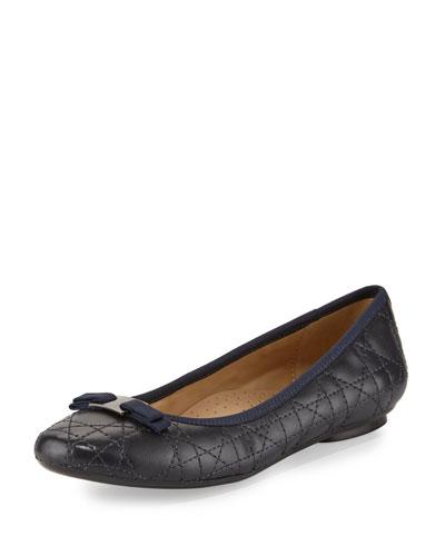 Sabrina Quilted Leather Bow Flat, Navy