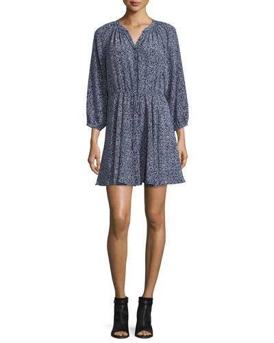 3/4-sleeve Floral Silk Woodblock Dress,