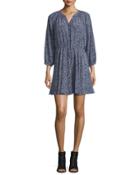 3/4-sleeve Floral Silk Woodblock Dress,