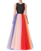 Sleeveless Evening Gown W/ Pleated Tulle
