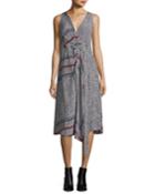 Sleeveless Printed Wrap Dress W/ Pleating