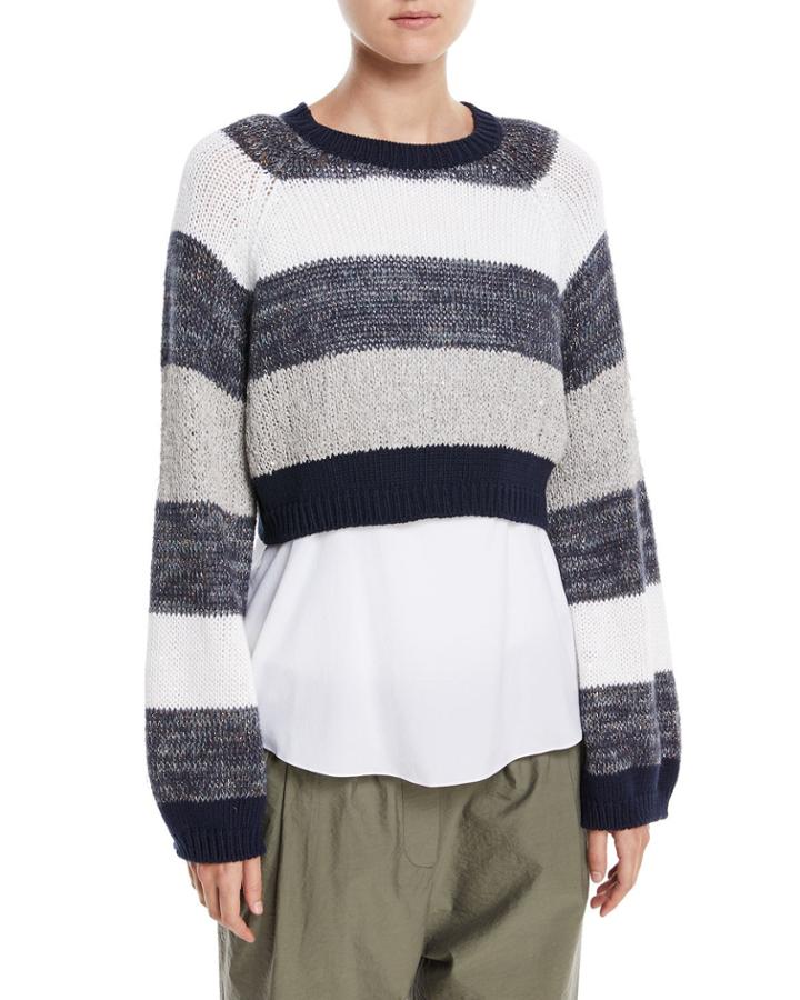 Coated Rugby-stripe Long-sleeve Cropped Pullover