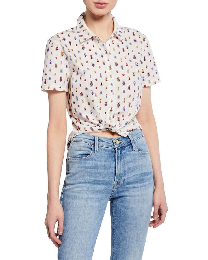 Bug-print Button-down Short-sleeve Tie-front