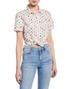 Bug-print Button-down Short-sleeve Tie-front