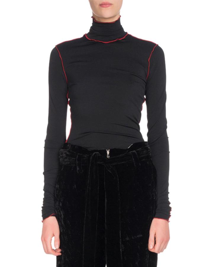 Turtleneck Long-sleeve Fitted Top W/ Contrast Piping