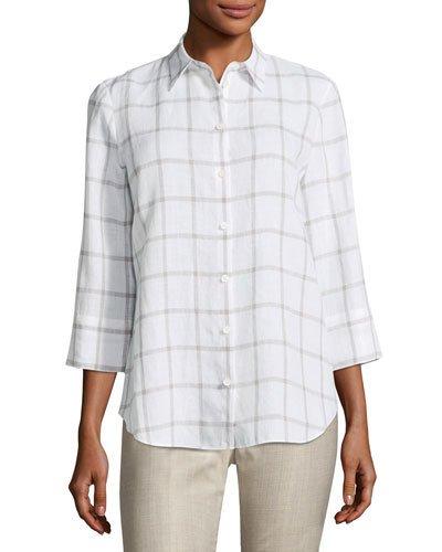 3/4-sleeve Grid-striped