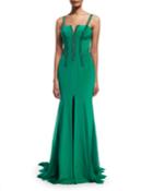 Sleeveless Silk Cady Gown W/georgette Train, Emerald