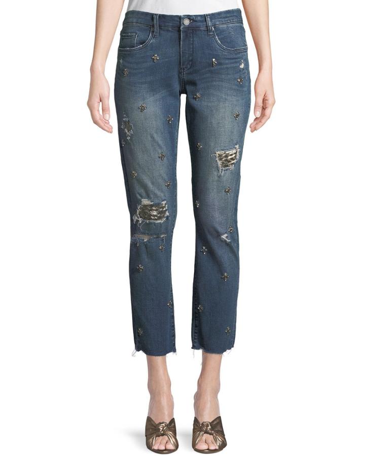 Jeweled Ripped Straight-leg Jeans, Blue