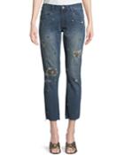 Jeweled Ripped Straight-leg Jeans, Blue