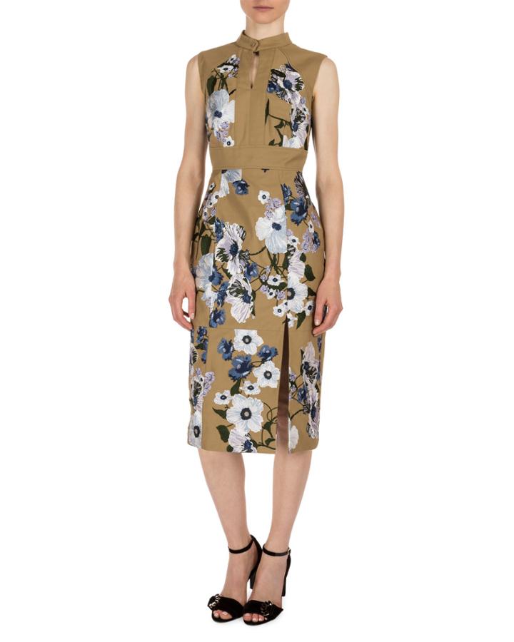 Delphine Floral-print Keyhole Dress, Khaki