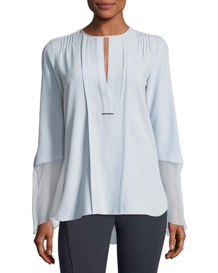 Owen Long-sleeve Pleated Blouse W/ Silk Chiffon Trim