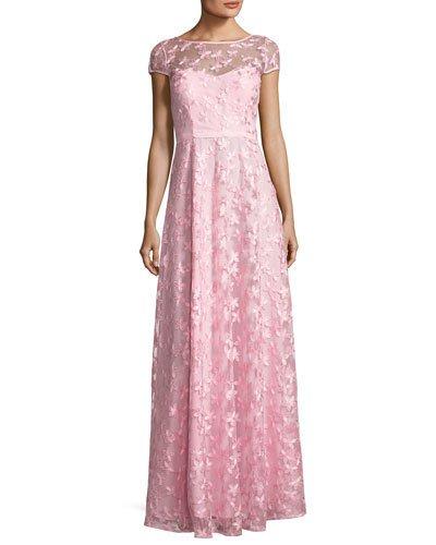 Floral Embroidered Cap-sleeve Gown