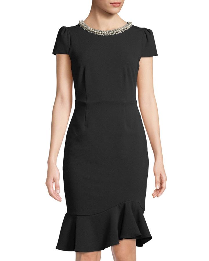 Fringe & Pearly Trimmed Scuba Crepe Dress