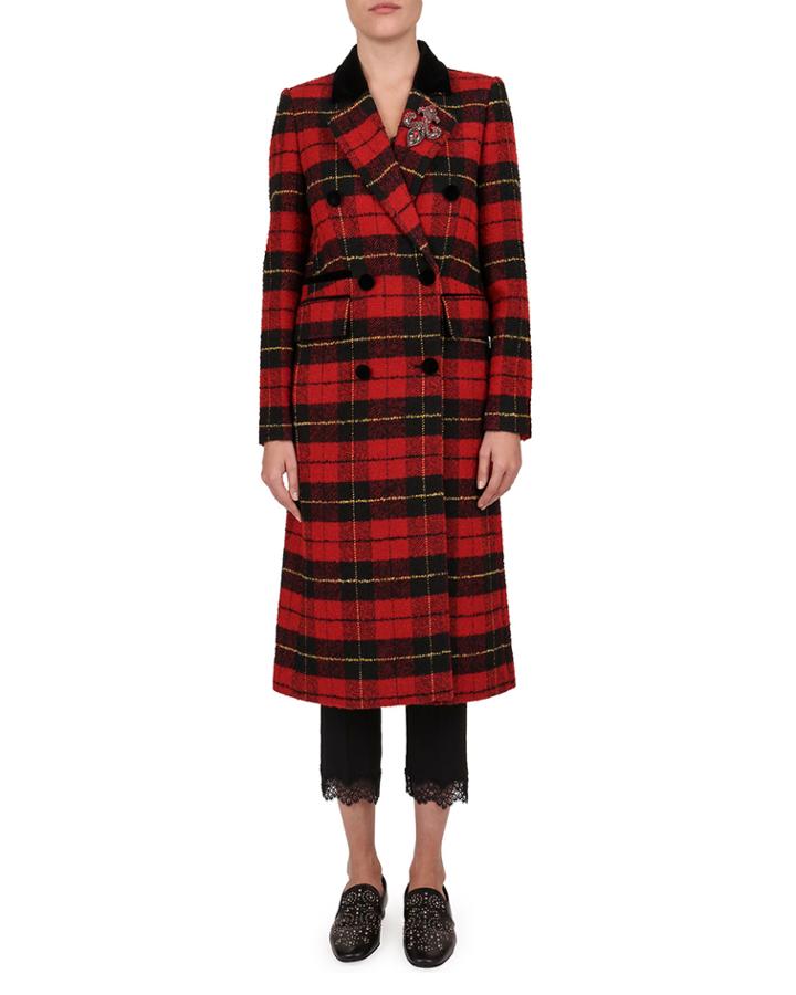 Plaid Wool-blend Double Breasted Coat