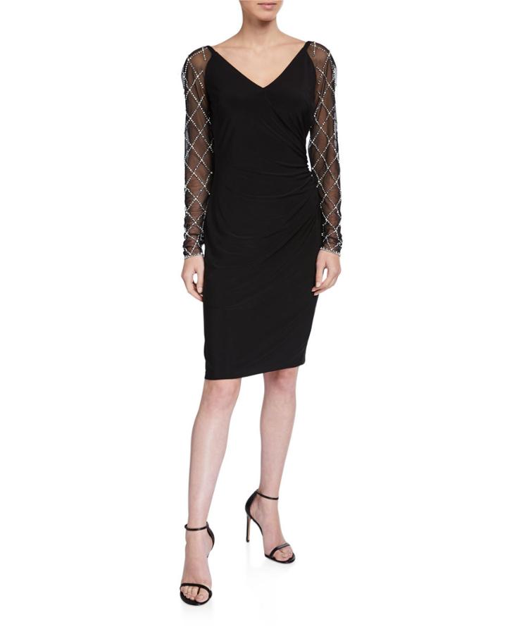 V-neck Jersey Cocktail Dress W/ Beaded