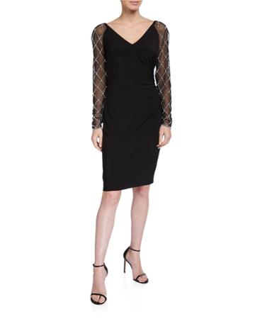 V-neck Jersey Cocktail Dress W/ Beaded