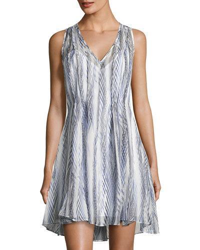 Ayanna Feather-print Silk Dress, Blue/white