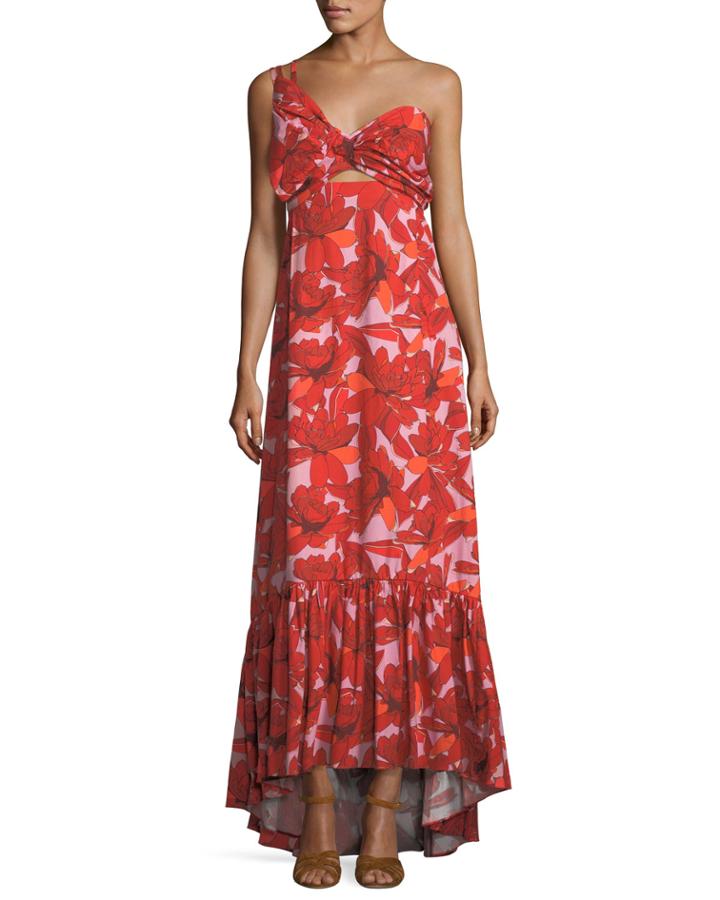 Cimarron Rose-print One-shoulder Long Cotton Poplin Dress