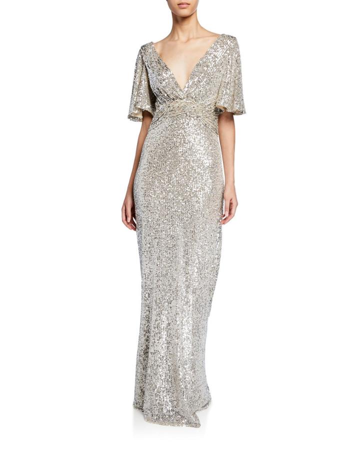 Sequin V-neck Flutter-sleeve Column Gown