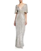 Sequin V-neck Flutter-sleeve Column Gown