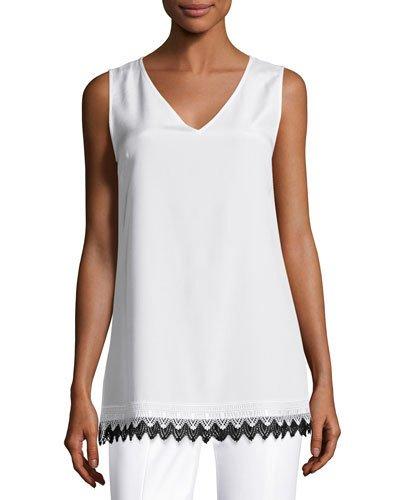 Lace-hem V-neck Shell, White/black