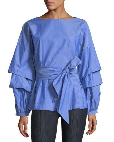 Ruffle-tiered Sleeve Poplin Blouse