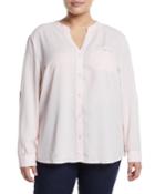 Jasmine Roll-sleeve Button-front Blouse, Pink,