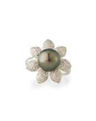 14k Tahitian Pearl & Diamond Pave Flower Ring,